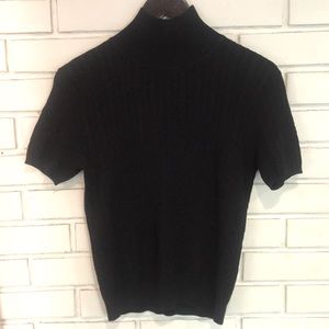 ZARA Black Short Sleeve Sweater With Decorative Faux Pearl Buttons On Rear Neck